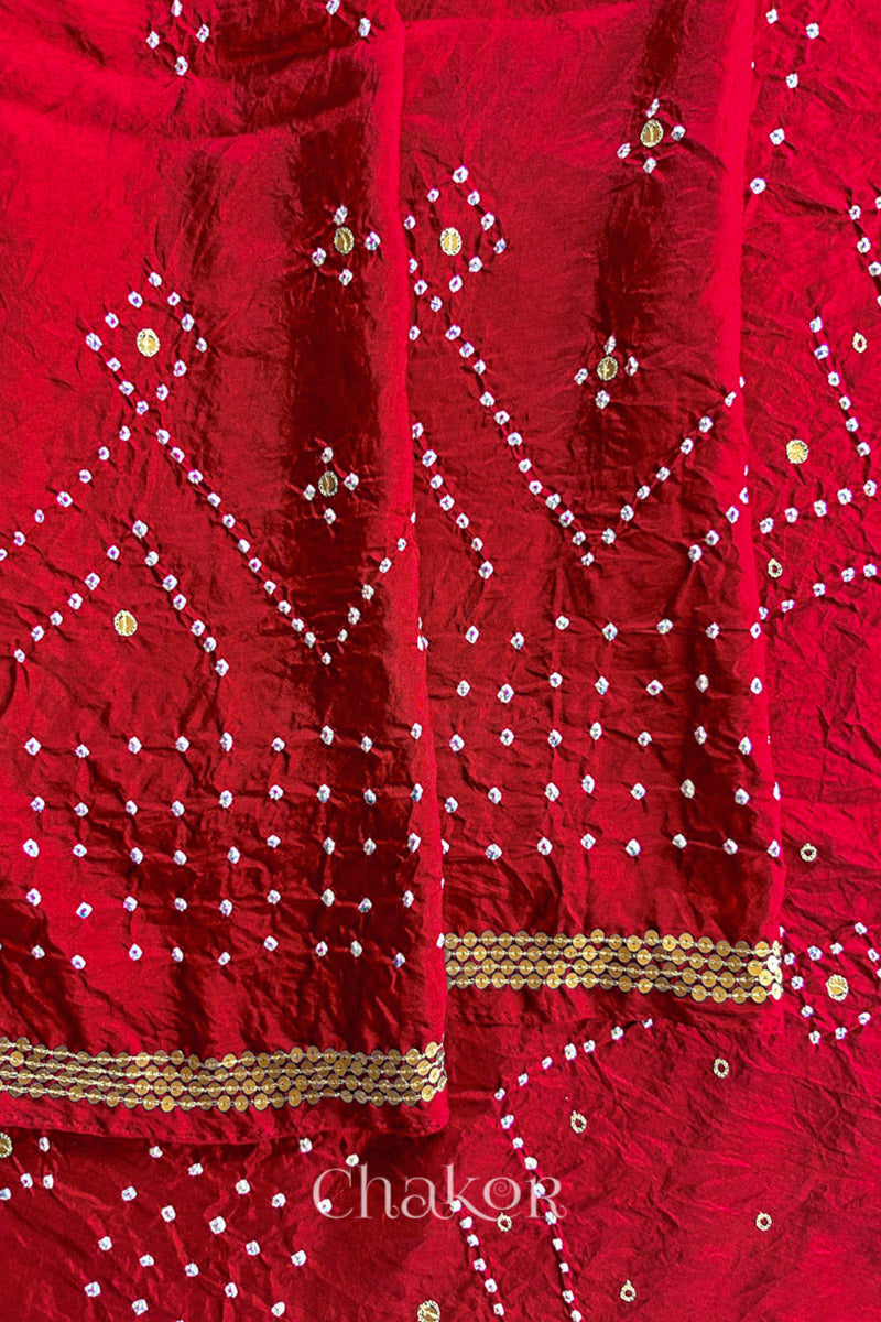 Close up of Red Bandhani Mulberry Silk Saree, rai bandhej with sequins embroidery.