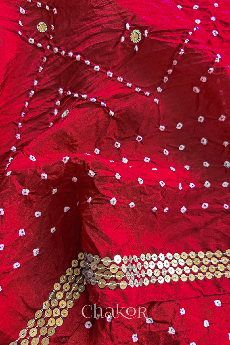 Close up of Red Bandhani Mulberry Silk Saree, rai bandhej with sequins embroidery.