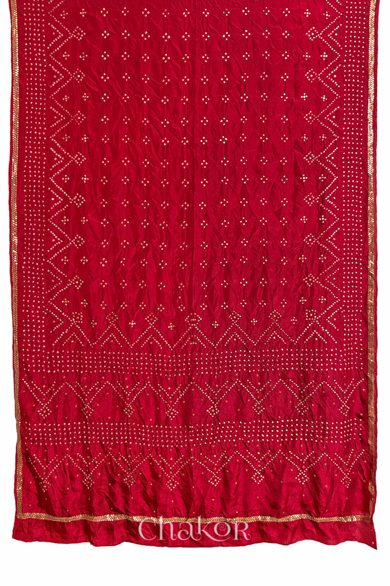 Full view of Red Bandhani Mulberry Silk Saree, rai bandhej with sequins embroidery.