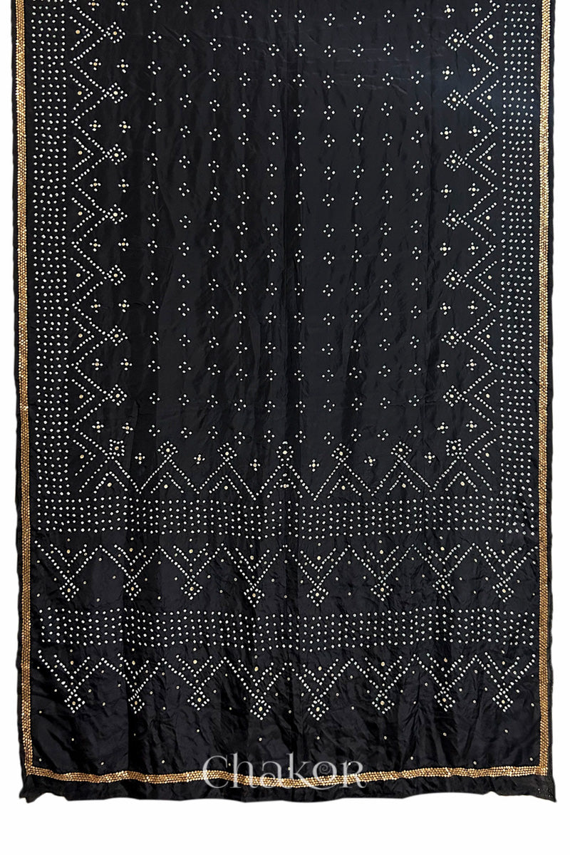Full view of Black Bandhani Mulberry Silk Saree with sequins embroidery.