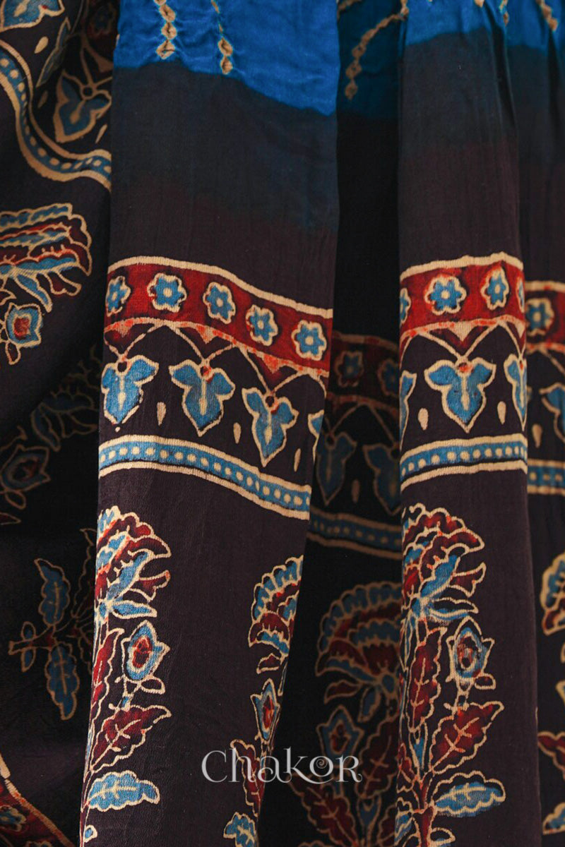 Indigo Black andhani Ajrakh Gaji Silk Dupatta in Traditional Design for Women's ethnicwear online by Chakor.