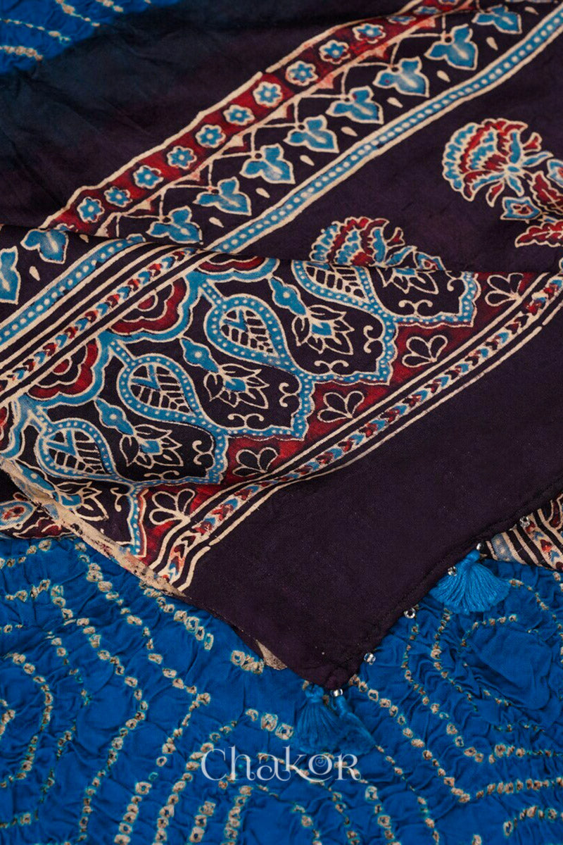 Indigo Black andhani Ajrakh Gaji Silk Dupatta in Traditional Design for Women's ethnicwear online by Chakor.