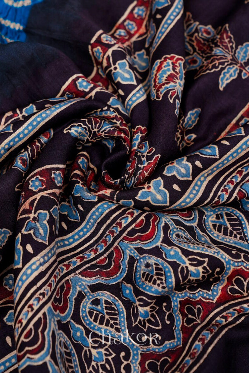 Indigo Black andhani Ajrakh Gaji Silk Dupatta in Traditional Design for Women's ethnicwear online by Chakor.