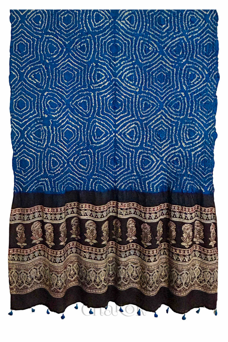 Indigo Black andhani Ajrakh Gaji Silk Dupatta in Traditional Design for Women's ethnicwear online by Chakor.