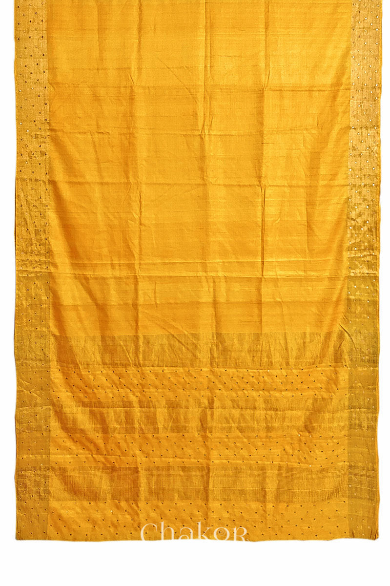 Yellow tussar silk handloom saree with golden zari border & hand embroidered with  sequins & zari work