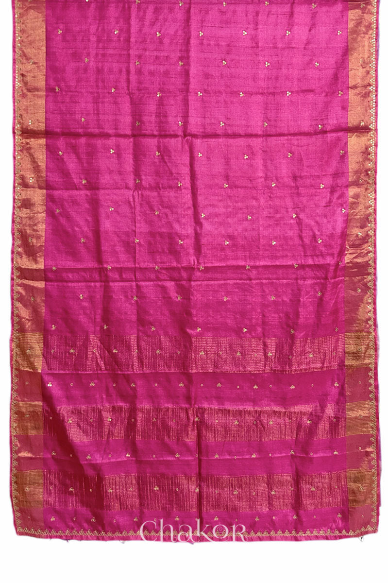 Pink tussar silk handloom saree with golden zari border & hand embroidered with  sequins & zari work