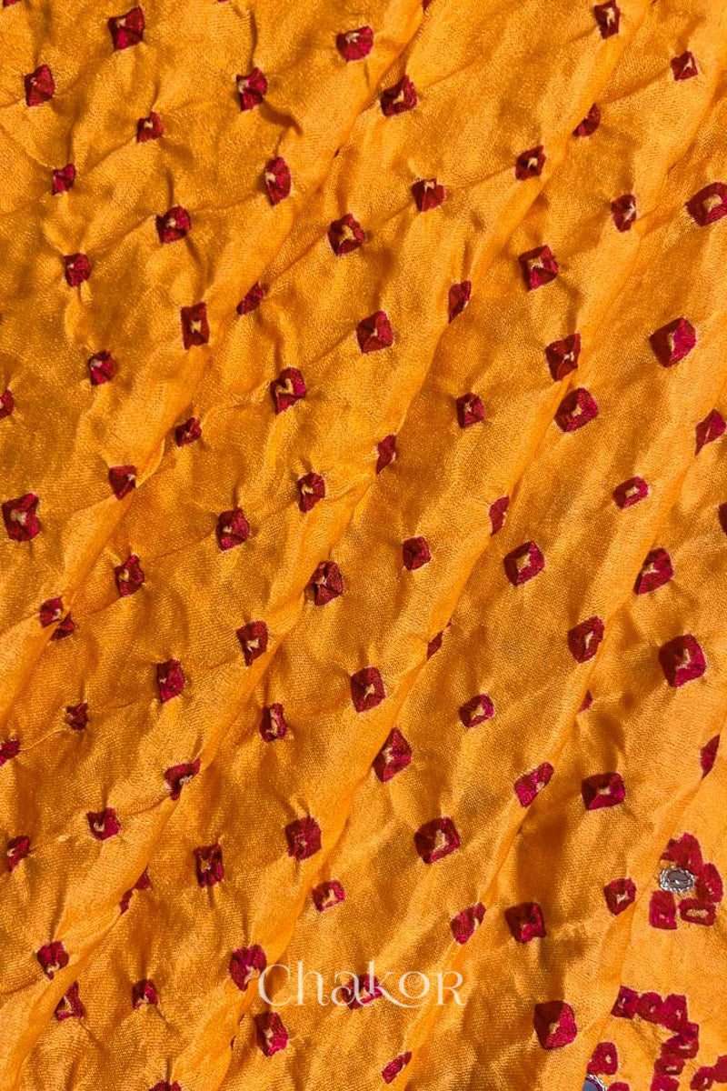 Close up of traditional Yellow Bandhani Gaji Silk Handcrafted Saree, with rai bandhej patterns in red dots and mirror and sequins embroidery.