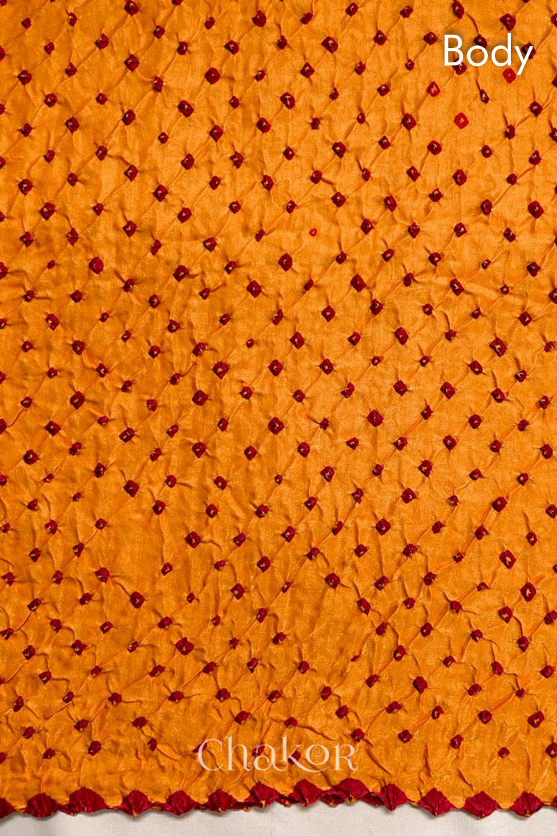 Body detail of traditional Yellow Bandhani Gaji Silk Handcrafted Saree, with rai bandhej patterns in red dots.