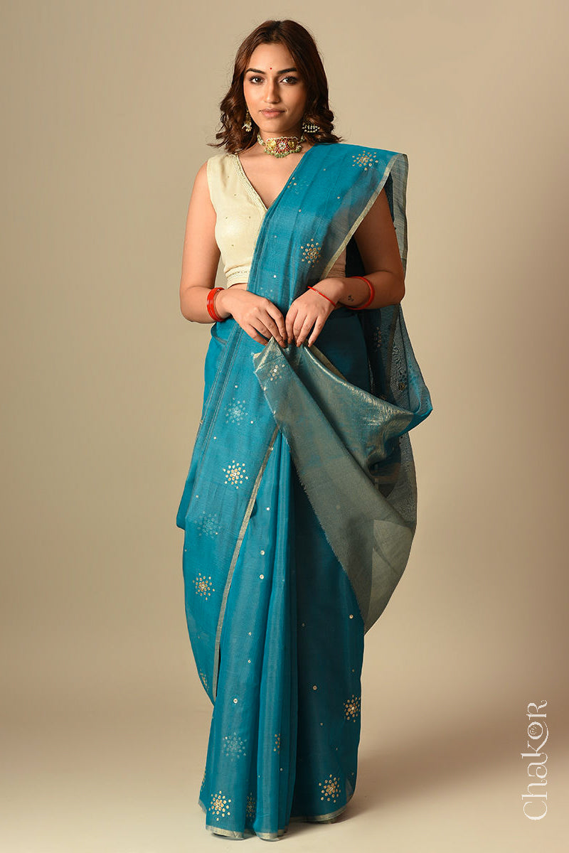 Chakor's Traditional Peacock Blue Chanderi silk cotton saree with sequins embroidery.