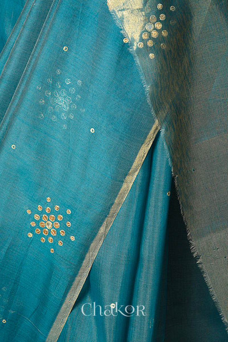 Chakor's Traditional Peacock Blue Chanderi silk cotton saree with sequins embroidery.