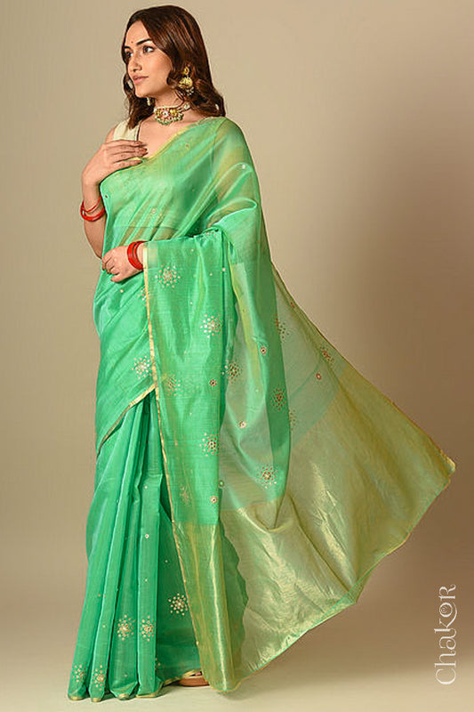 Chakor's Traditional Sea Green Chanderi silk cotton saree with sequins embroidery.