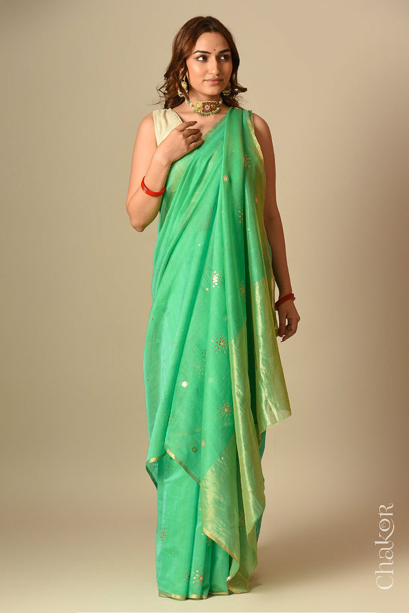 Chakor's Traditional Sea Green Chanderi silk cotton saree with sequins embroidery.