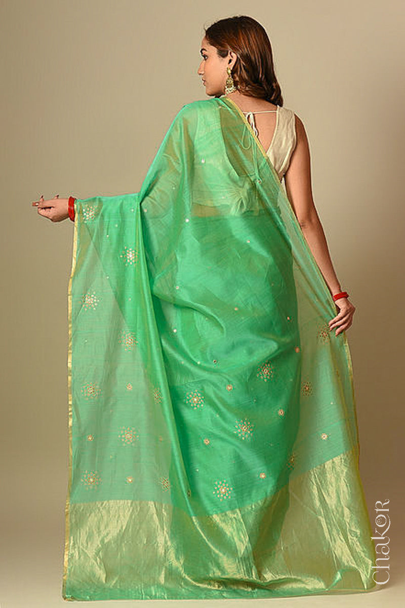 Chakor's Traditional Sea Green Chanderi silk cotton saree with sequins embroidery.