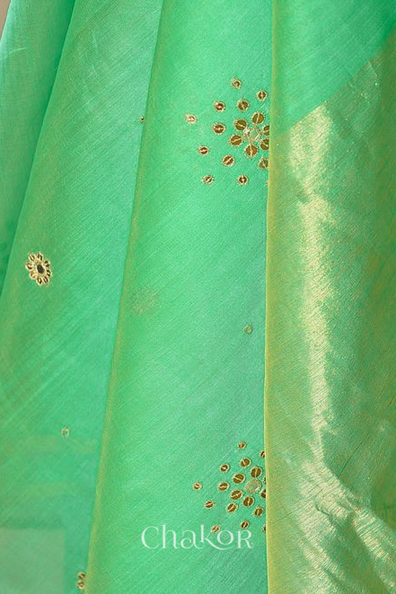 Chakor's Traditional Sea Green Chanderi silk cotton saree with sequins embroidery.