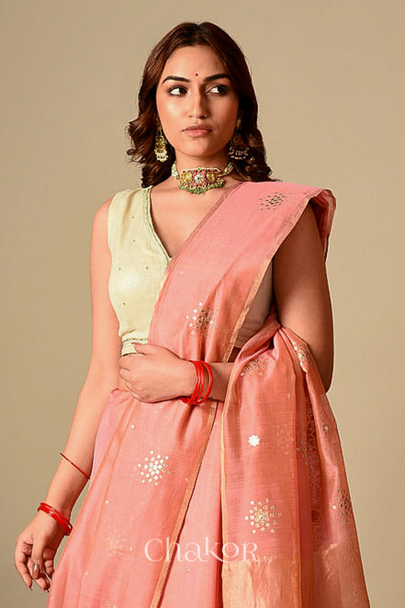 Chakor's Traditional Pink Chanderi silk cotton saree with sequins embroidery.