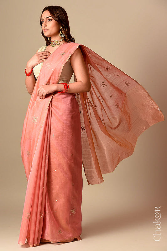 Chakor's Traditional Pink Chanderi silk cotton saree with sequins embroidery.