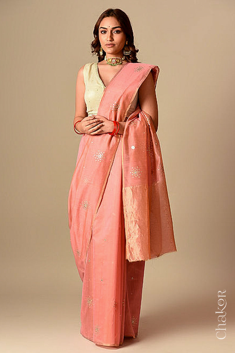 Chakor's Traditional Pink Chanderi silk cotton saree with sequins embroidery.