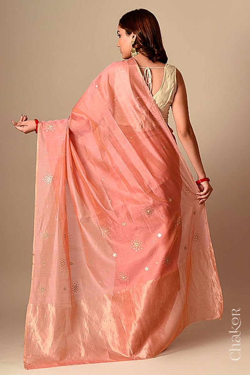 Chakor's Traditional Pink Chanderi silk cotton saree with sequins embroidery.