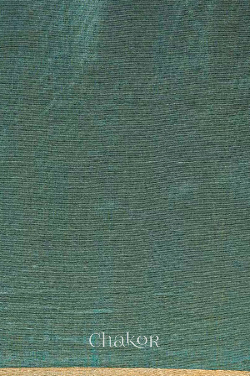 Flatshot of Teal Blue Chanderi  silk cotton saree showing woven  texture.

