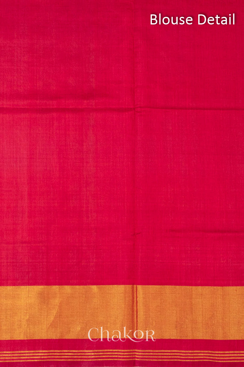 Unstitched Blouse Material of Handloom Blue and Red Ikat Patola Mulberry Pure Silk Saree, with traditional design handcrafted in Rajkot.