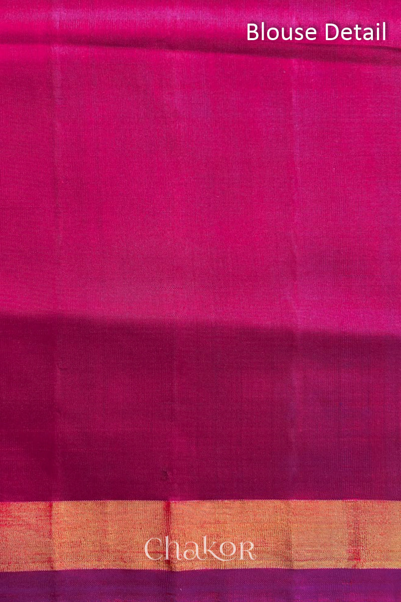Blouse fabric detail of of Handloom Purple Pink Patola Ikkat Mulberry Silk Saree in traditional patterns.