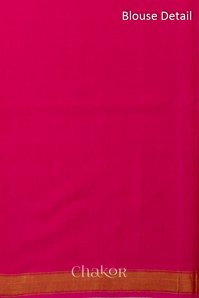 Blouse material detail of Handloom Purple Pink Ikat Patola Mulberry Silk Saree with traditional design.