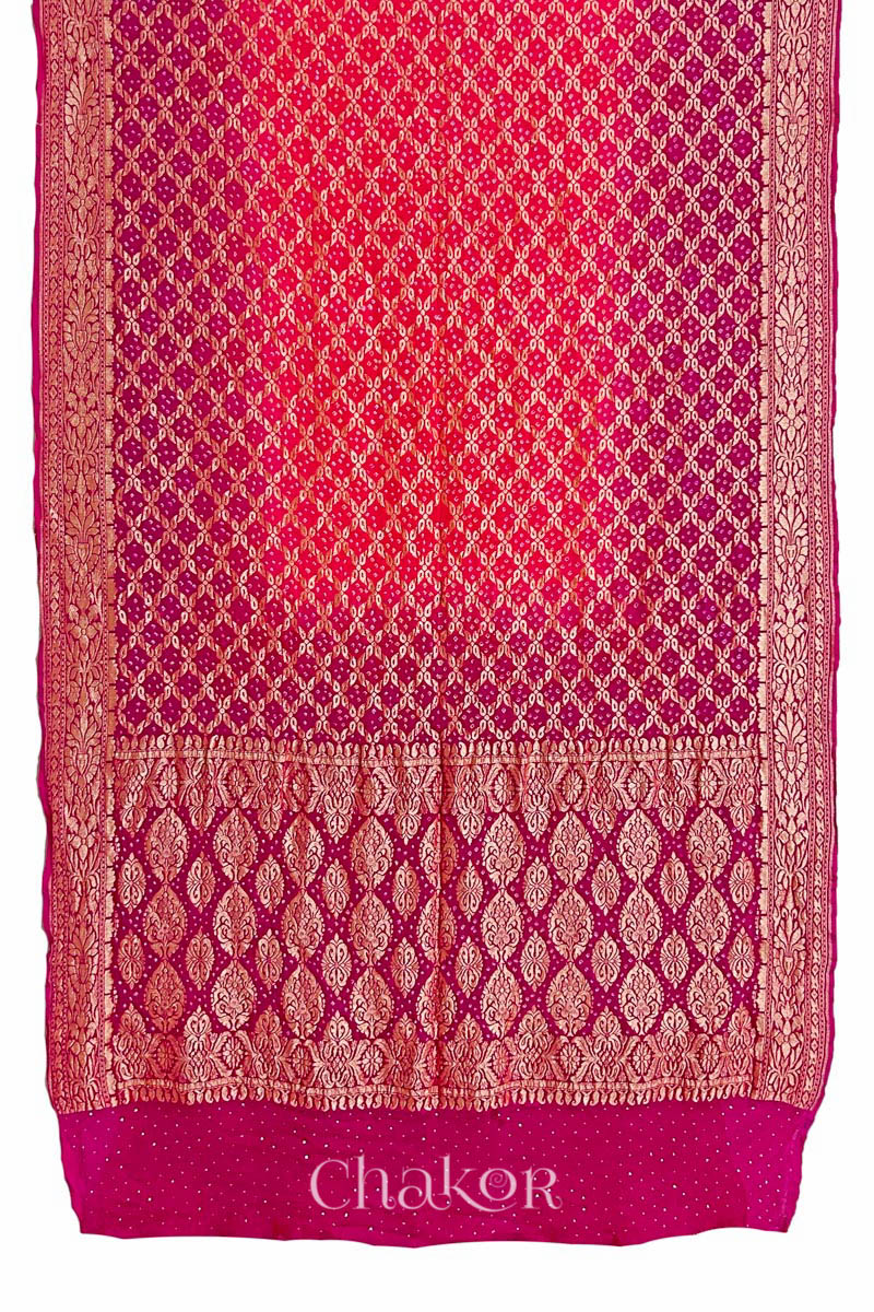 Full view of Handcrafted Pink and peach ombre shaded Bandhani Banarasi Georgette Silk Saree featuring zari weaving and Kutch Bandhej.