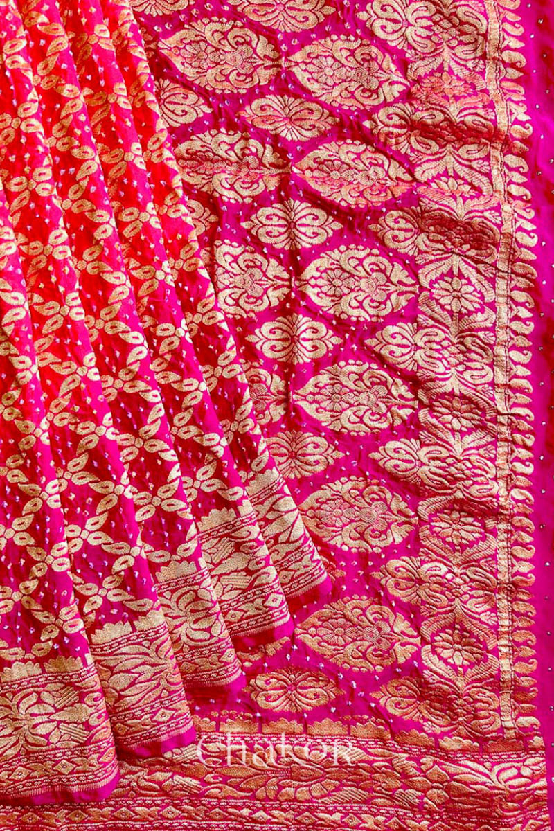 Handcrafted Pink and peach ombre shaded Bandhani Banarasi Georgette Silk Saree featuring zari weaving and Kutch Bandhej.