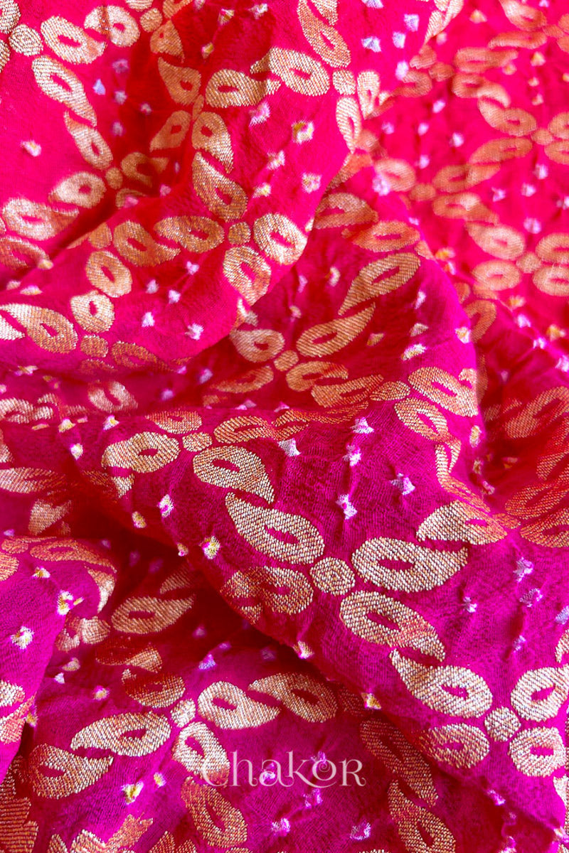 Handcrafted Pink and peach ombre shaded Bandhani Banarasi Georgette Silk Saree featuring zari weaving and Kutch Bandhej.