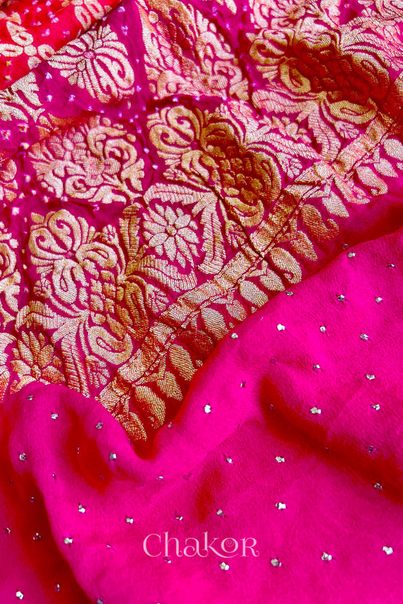 Chakor's traditional Peach Pink banarasi silk bandhej handloom saree with Mukaish embroidery - pallu closeup