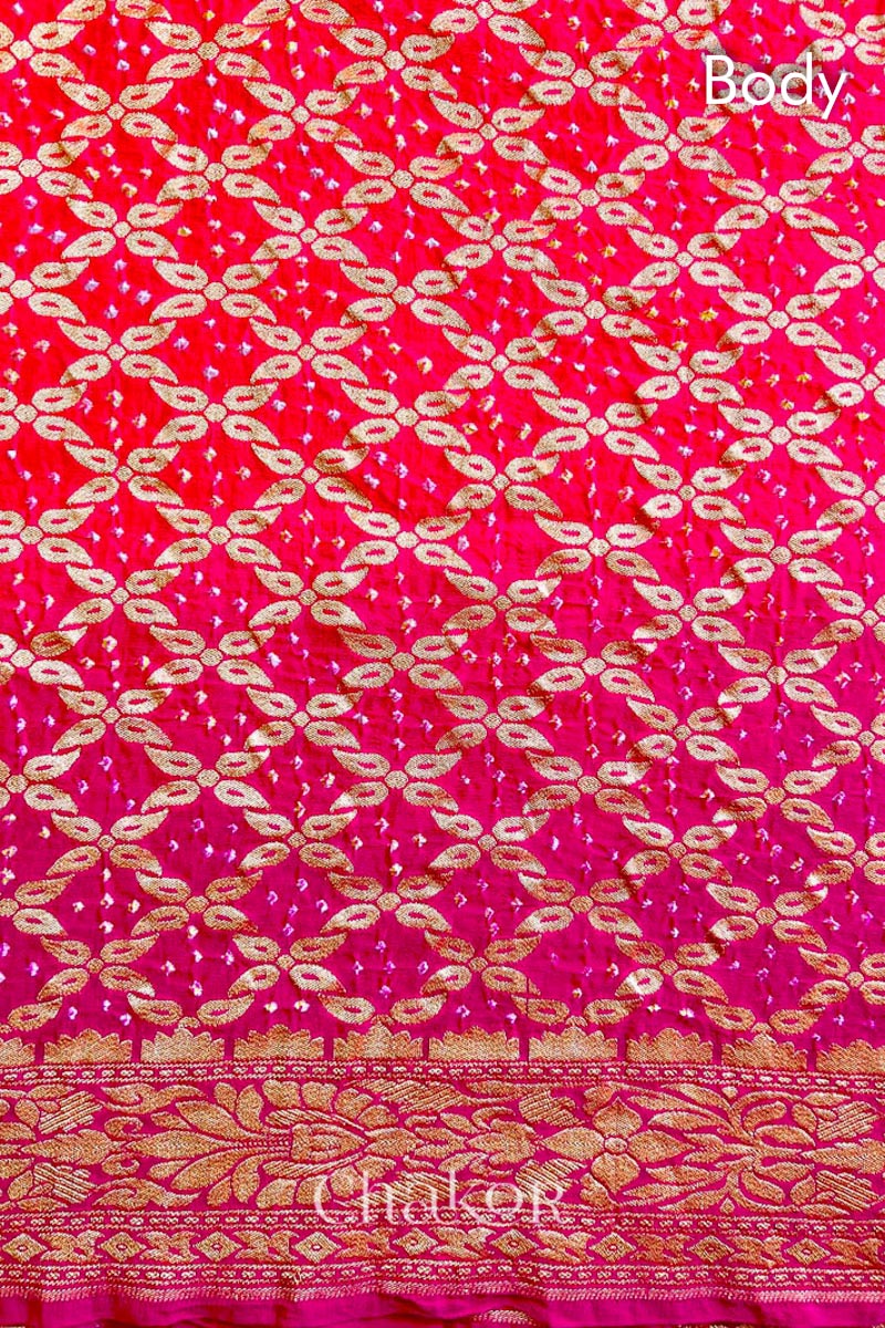 Handcrafted Pink and peach ombre shaded Bandhani Banarasi Georgette Silk Saree featuring zari weaving and Kutch Bandhej.