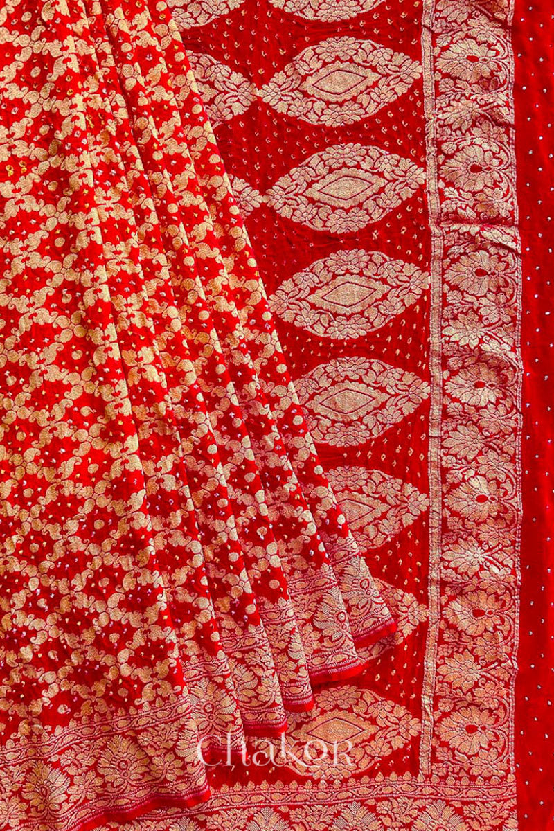 Chakor's traditional Orange Red banarasi silk bandhej handloom saree with Mukaish embroidery