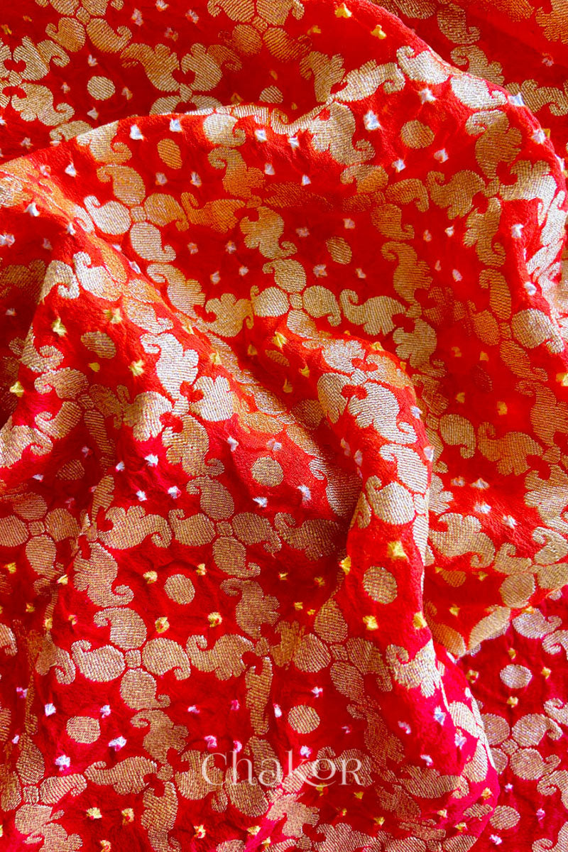 Chakor's traditional Orange Red banarasi silk bandhej handloom saree with Mukaish embroidery - closeup
