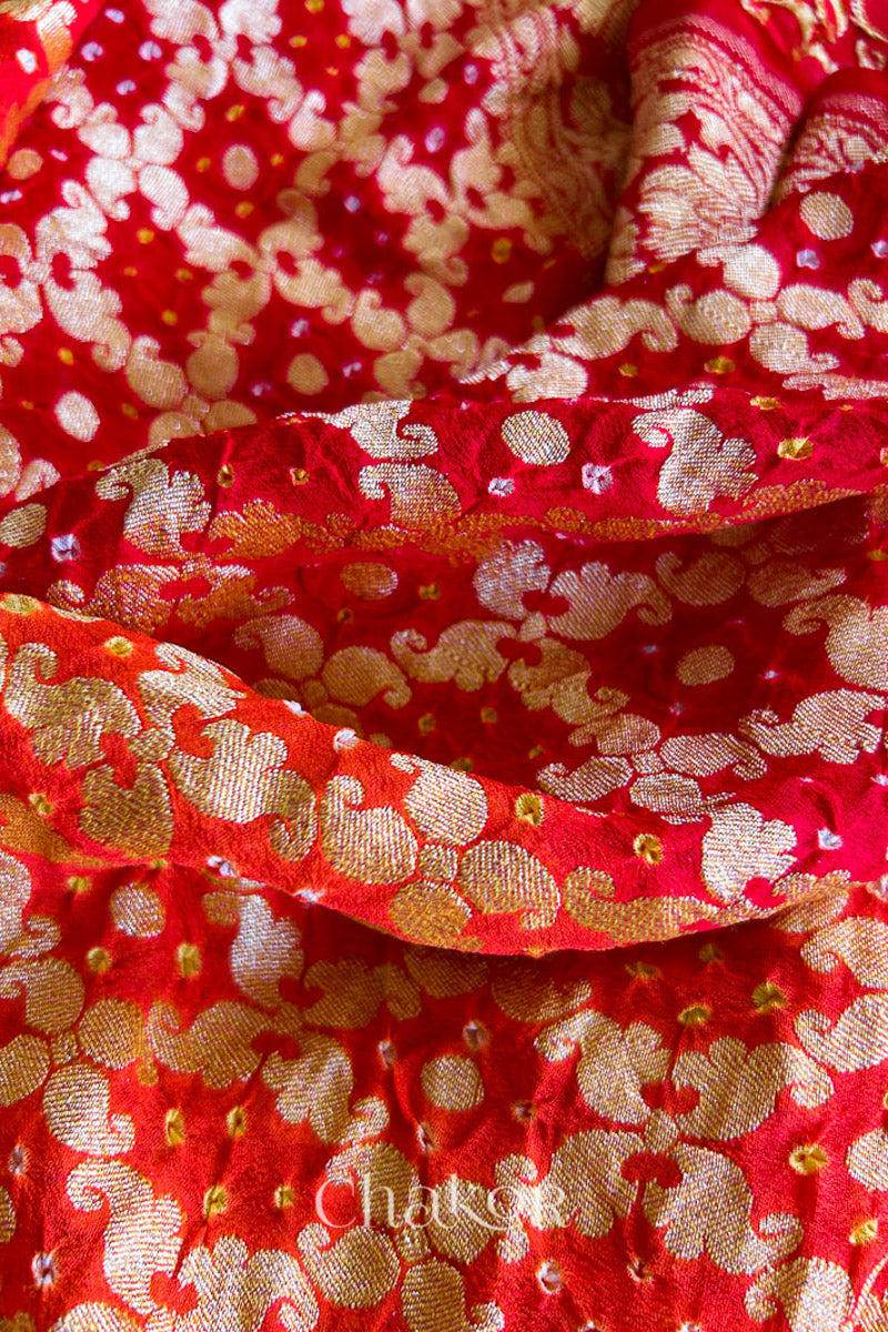 Chakor's traditional Orange Red banarasi silk bandhej handloom saree with Mukaish embroidery- closeup