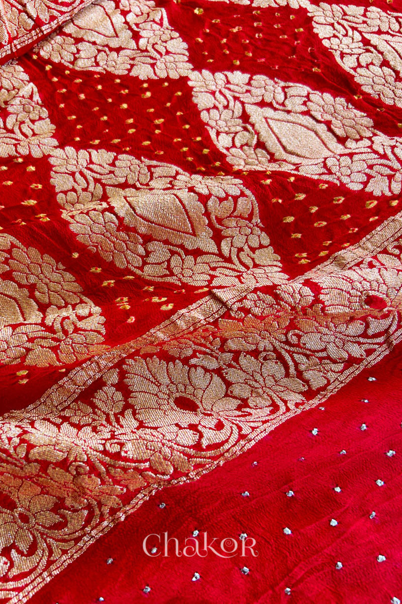 Chakor's traditional Orange Red banarasi silk bandhej handloom saree with Mukaish embroidery - pallu closeup