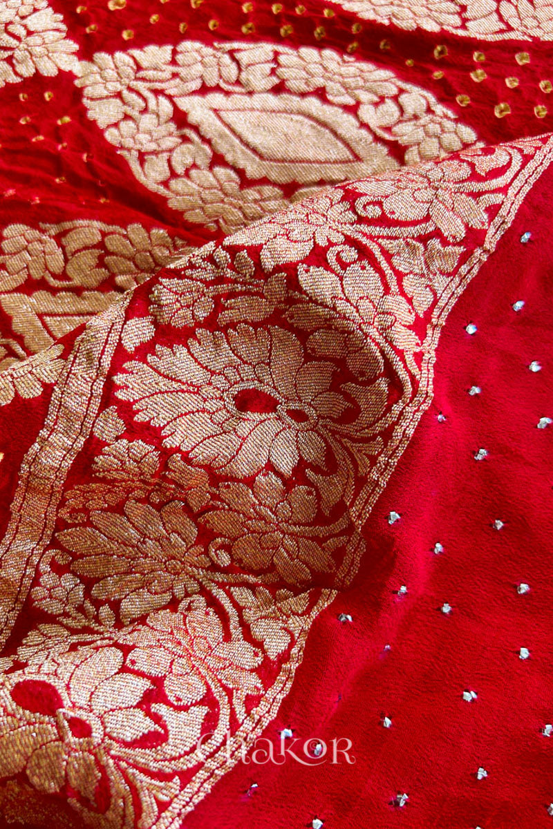 Chakor's traditional Orange Red banarasi silk bandhej handloom saree with Mukaish embroidery - pallu closeup