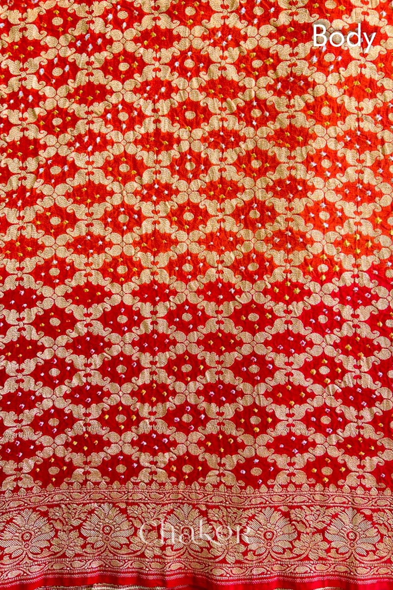 Chakor's traditional Orange Red banarasi silk bandhej handloom saree with Mukaish embroidery - body detail