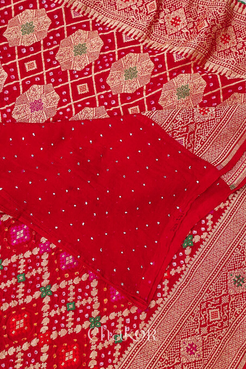 Chakor's Traditional Red Bandhani Banarasi Georgette Silk Dupatta embellished with mukaish work.