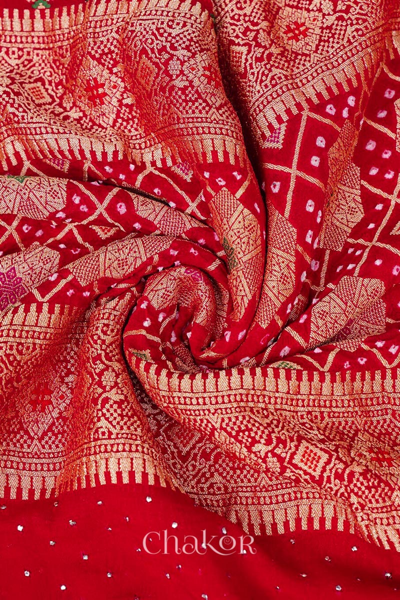 Chakor's Traditional Red Bandhani Banarasi Georgette Silk Dupatta embellished with mukaish work.