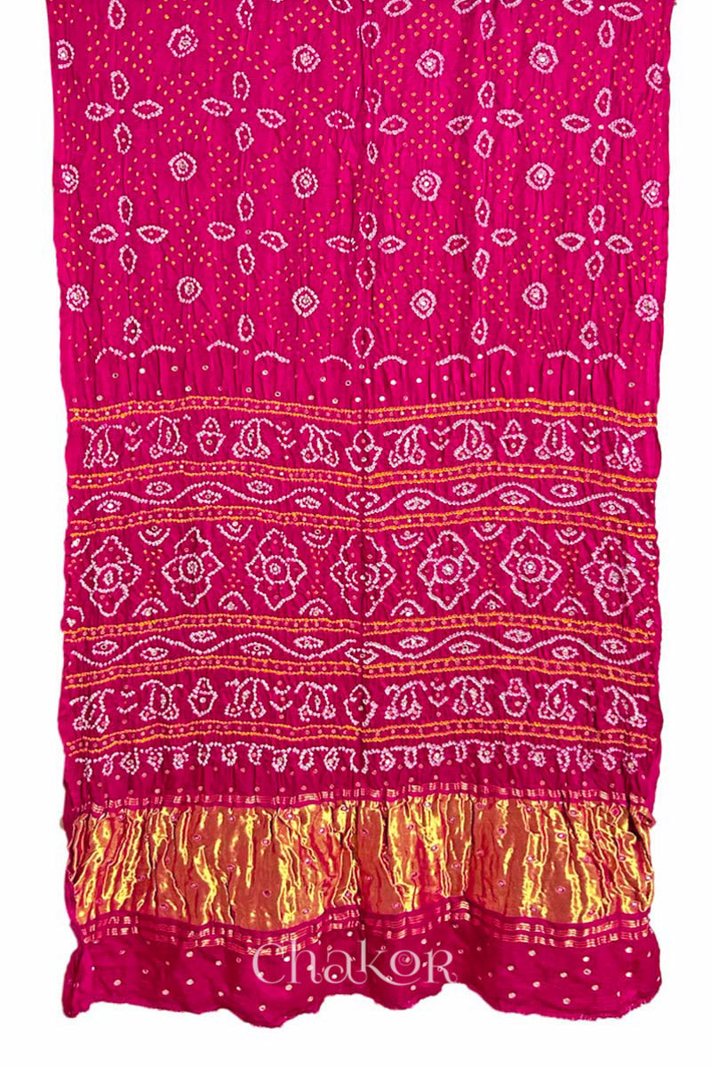Full view of Handcrafted Rani pink Bandhani Gaji Silk Saree with traditional bandhej patterns and sequins embroidery.