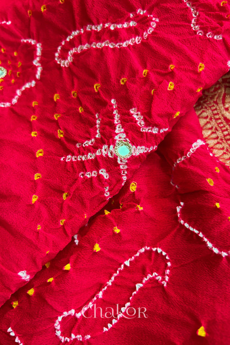 Close up of  Handcrafted Red Bandhani Banarasi Georgette Saree in pure silk featuring zari weaving and Kutch Bandhej with mirror embroidery, Perfect for wedding and occasions.