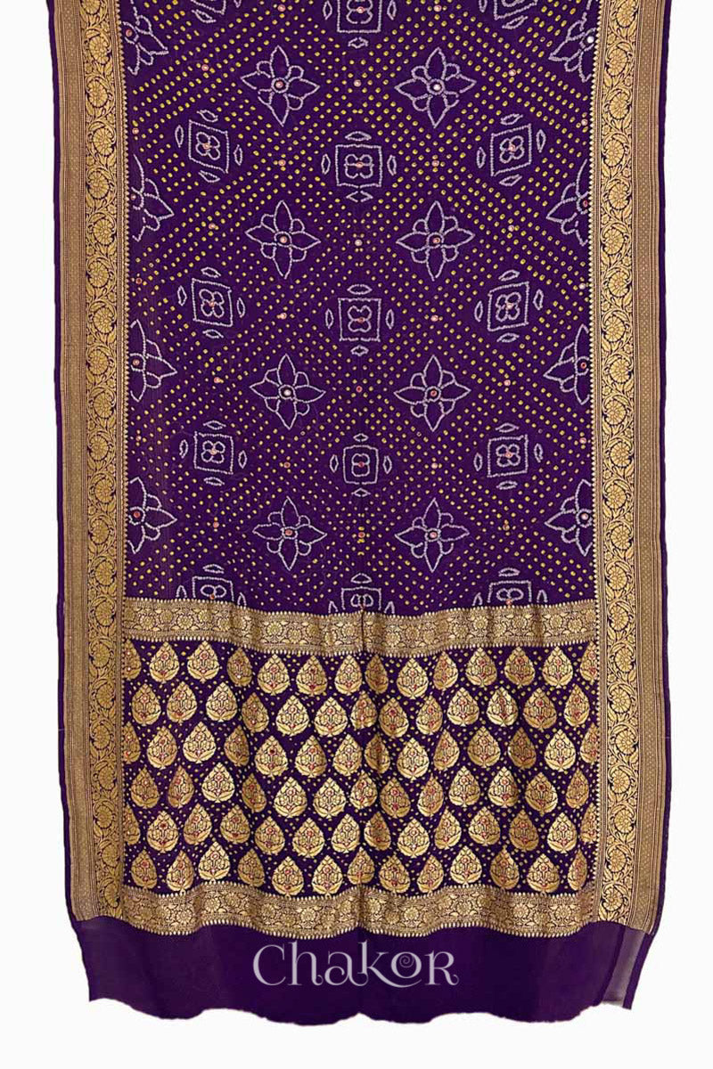 Full view of Handcrafted Purple Bandhani Banarasi Georgette Silk Saree featuring zari weaving and Kutch Bandhej with mirror embroidery.