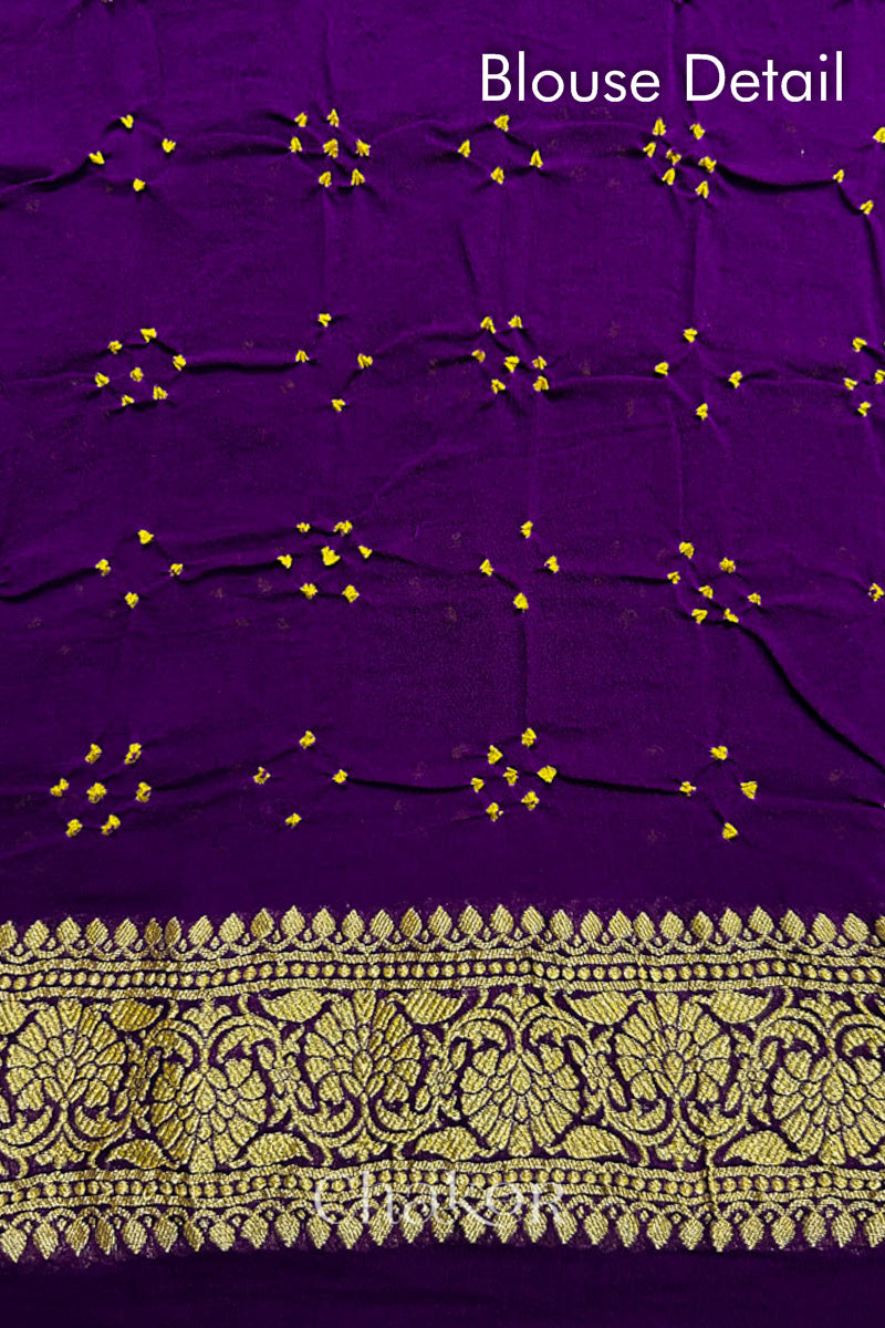 Chakor's traditional Purple banarasi silk bandhej handloom saree with mirror embroidery - blouse detail
