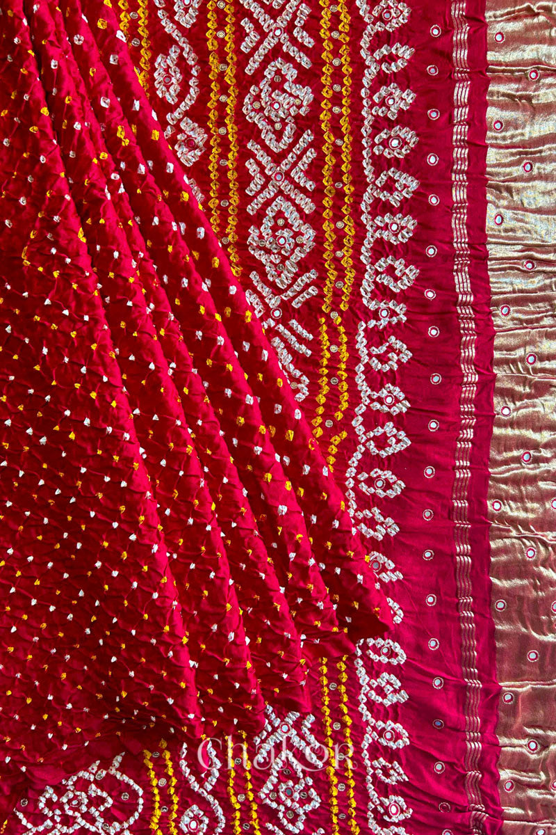 Chakor Red Traditional Bandhani Gaji Silk Saree.