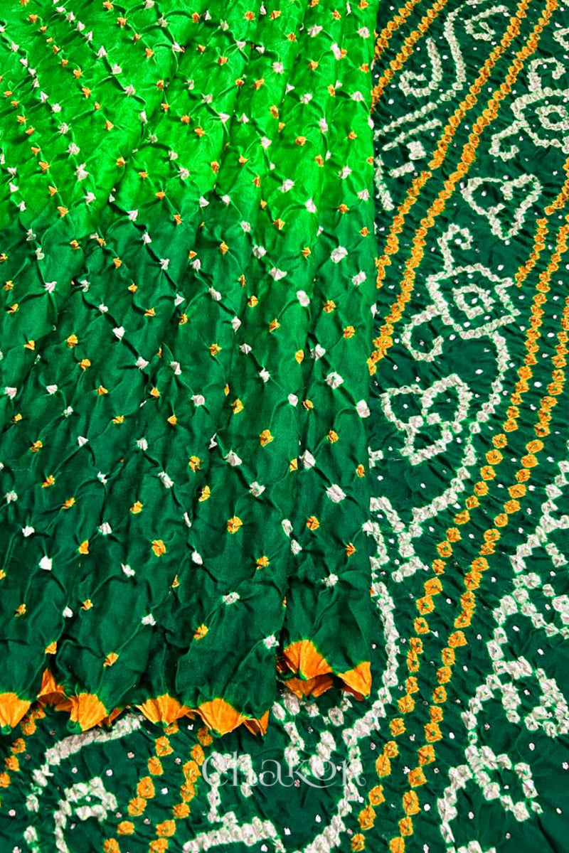 Close up of Handcrafted Parrot and green ombre Bandhani Gaji Silk Saree with traditional bandhej patterns and mukaish embroidery.