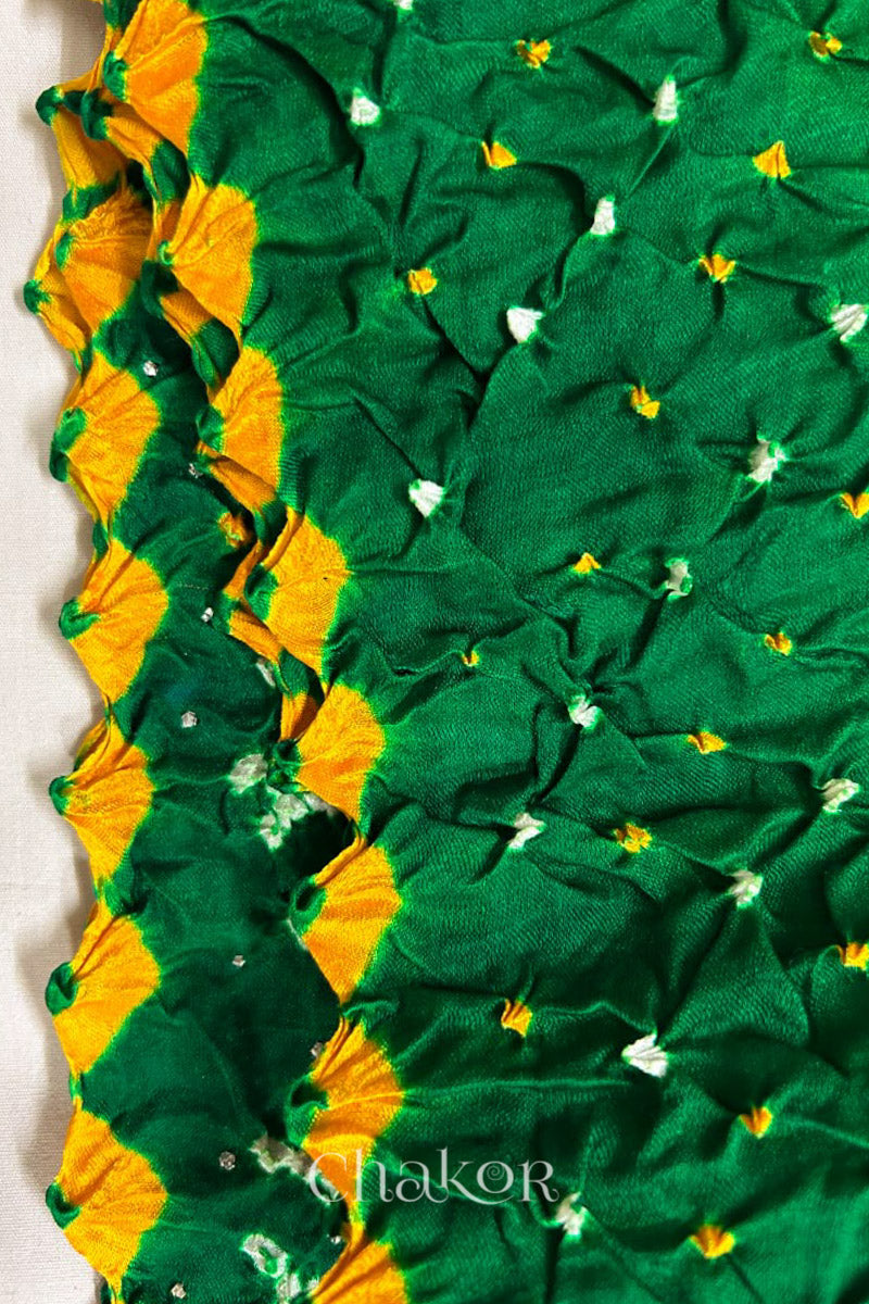 Close up of Handcrafted Parrot and green ombre Bandhani Gaji Silk Saree with traditional bandhej patterns and mukaish embroidery.