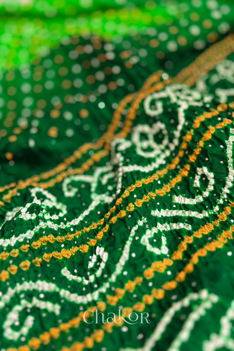 Close up of Handcrafted Parrot and green ombre Bandhani Gaji Silk Saree with traditional bandhej patterns and mukaish embroidery.