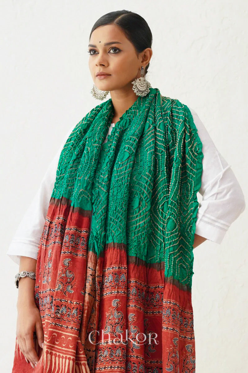 Jade Red andhani Ajrakh Gaji Silk Dupatta in Traditional Design for Women's ethnicwear online by Chakor.