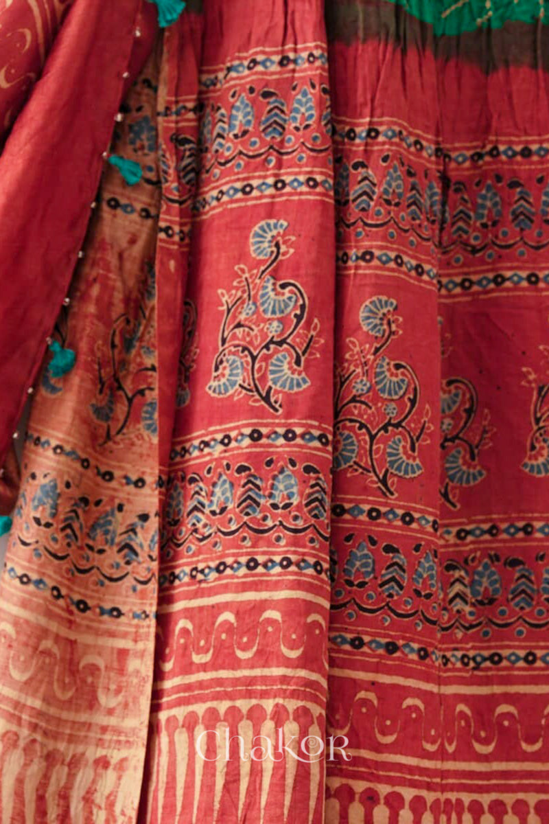Jade Red andhani Ajrakh Gaji Silk Dupatta in Traditional Design for Women's ethnicwear online by Chakor.