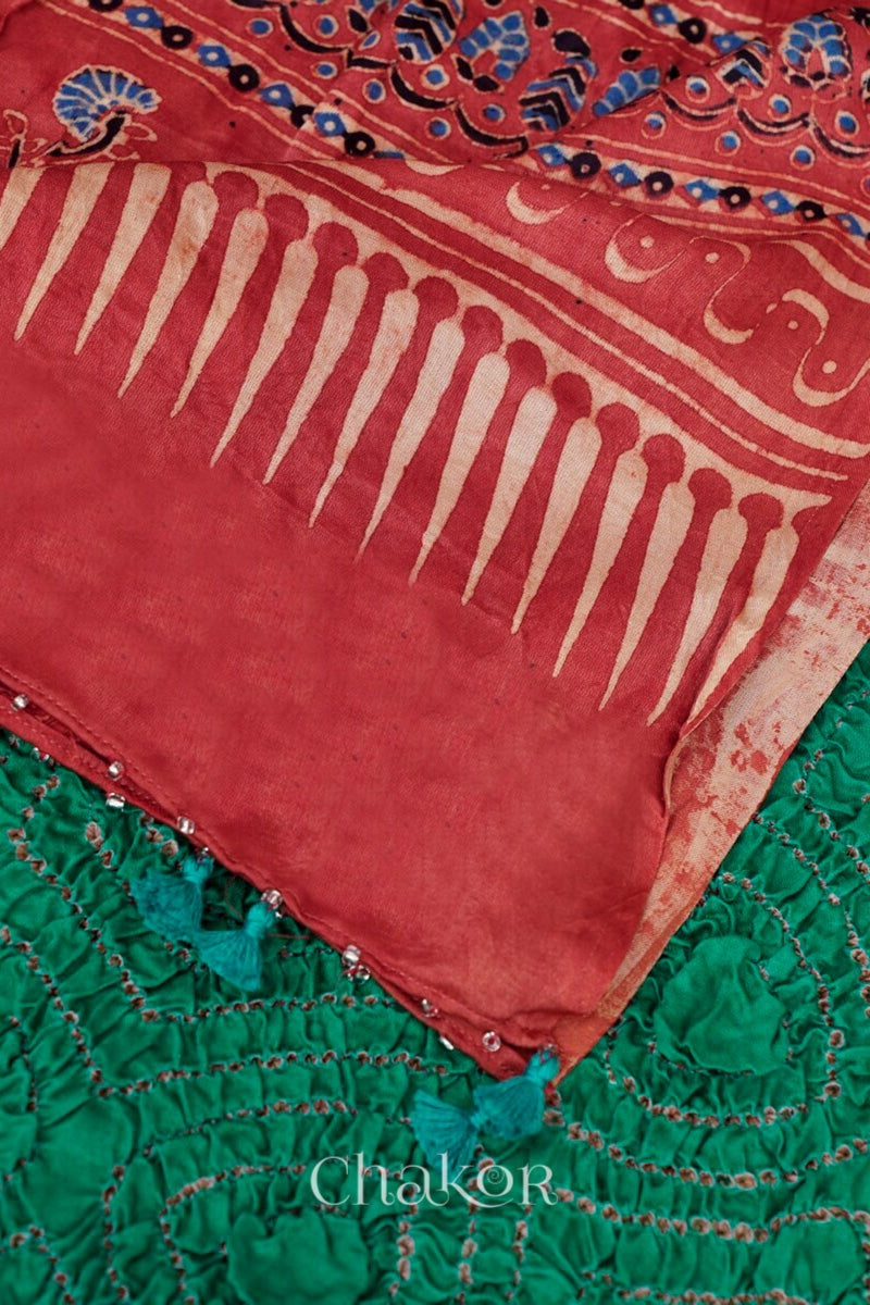 Jade Red andhani Ajrakh Gaji Silk Dupatta in Traditional Design for Women's ethnicwear online by Chakor.